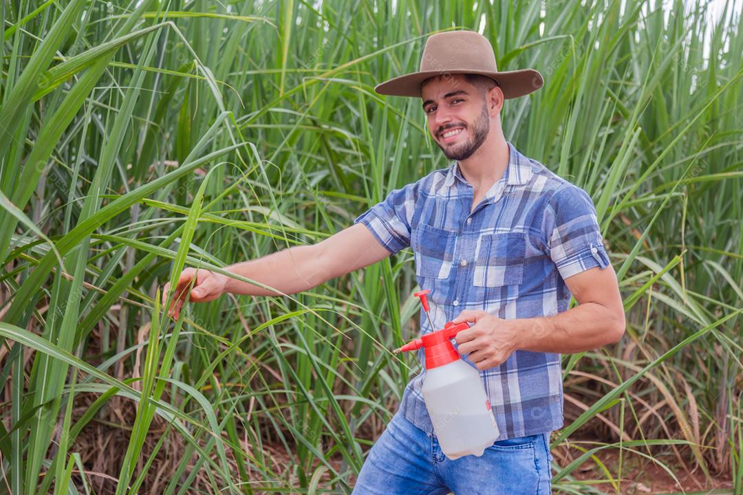 Homem agricultor batendo veneno na plantação