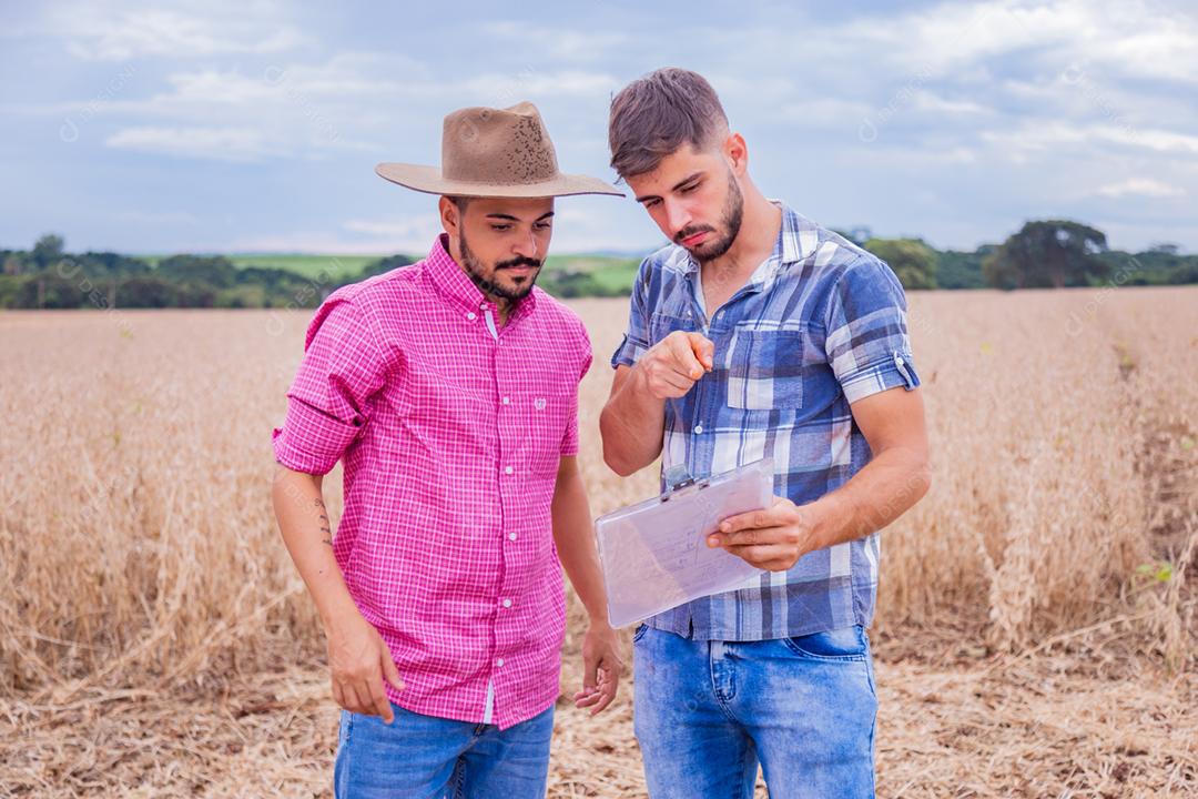 Homens jovens agricultores olhando um projeto no papel