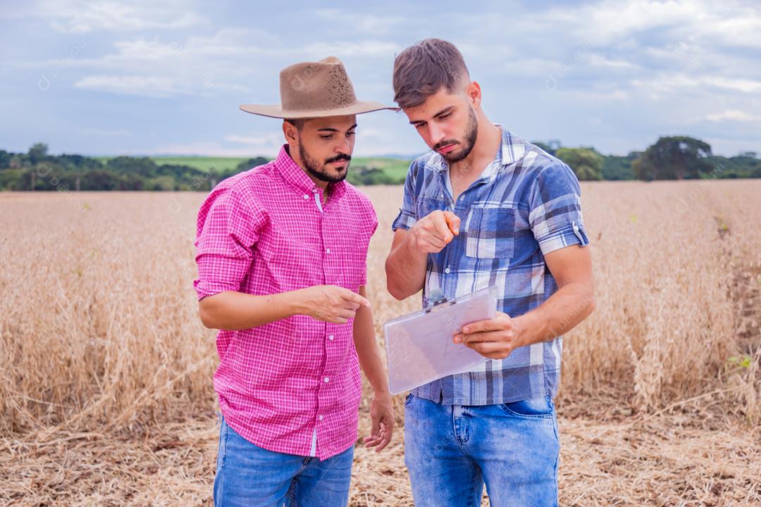 Homens jovens agricultores olhando um projeto no papel