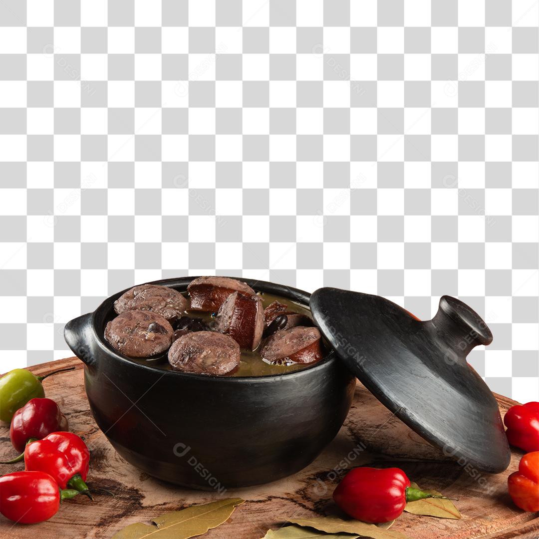 Panela de barro com feijoada sobre tábua de madeira PNG Transparente