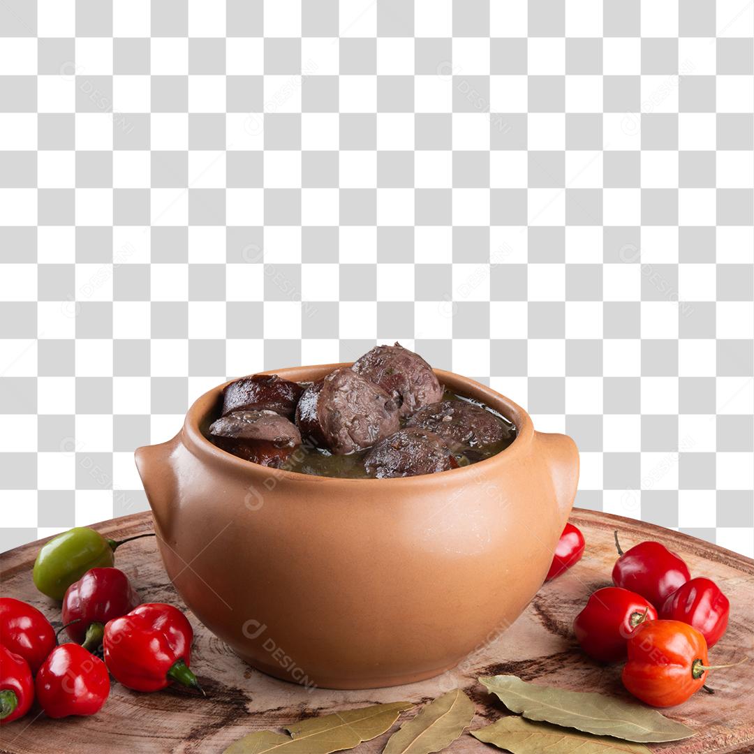 Panela de barro com feijoada sobre tábua de madeira PNG Transparente