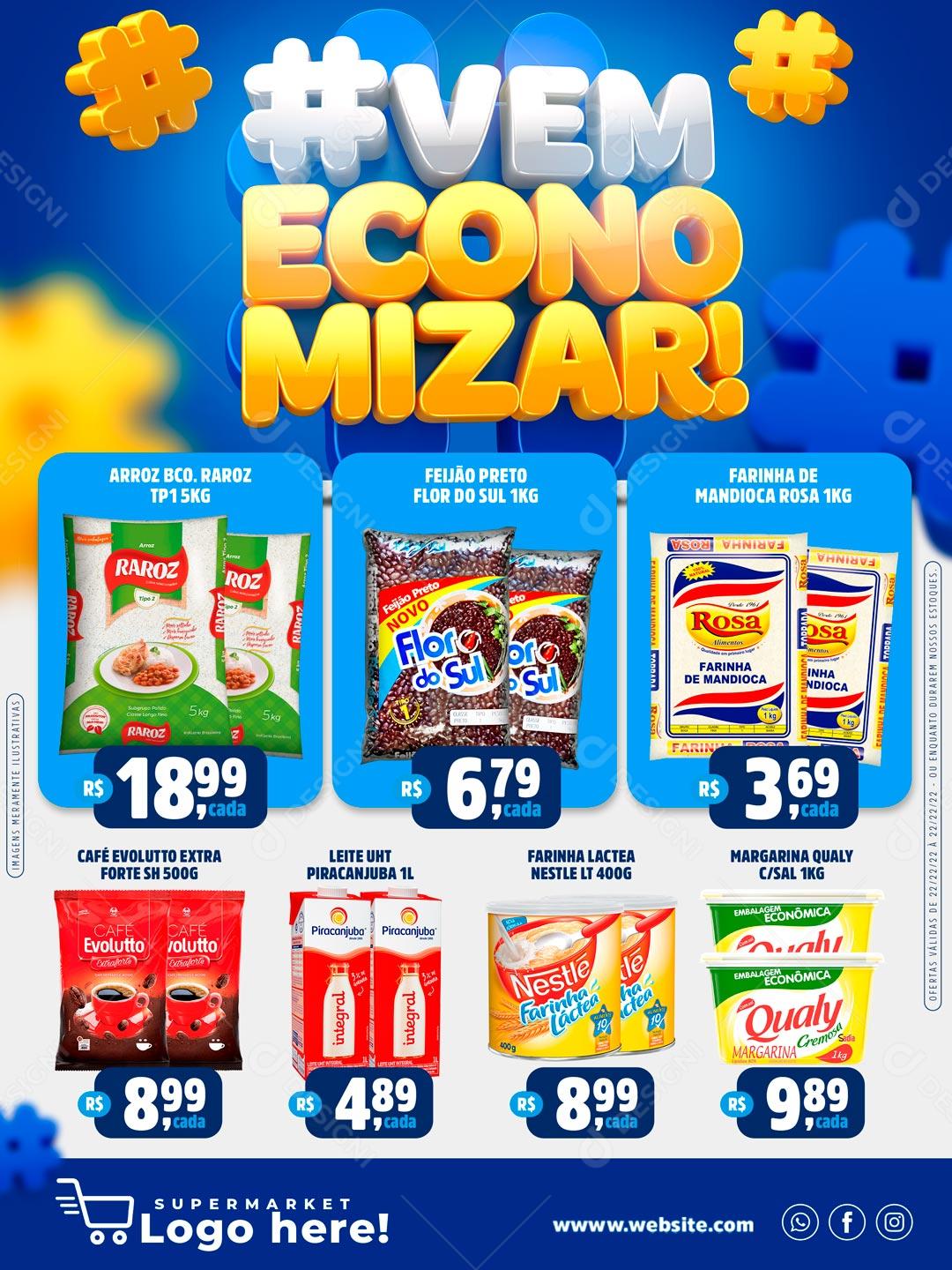 Encarte Produtos Supermercados #Vem Economizar Azul Social Media PSD Editável