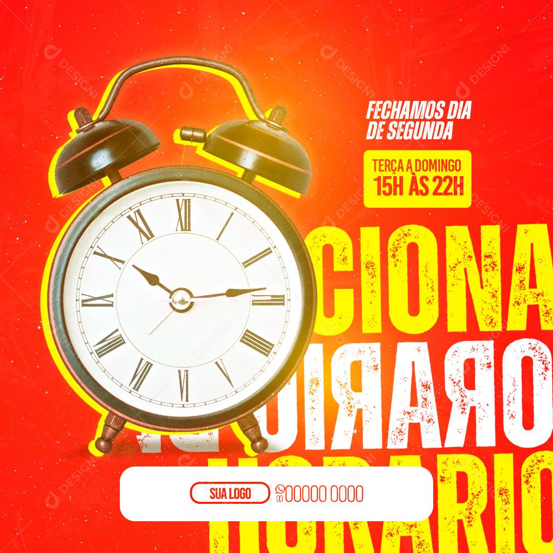 Social Media Pizzaria Fechamos Dia de Segunda Horário de Funcionamento PSD Editável