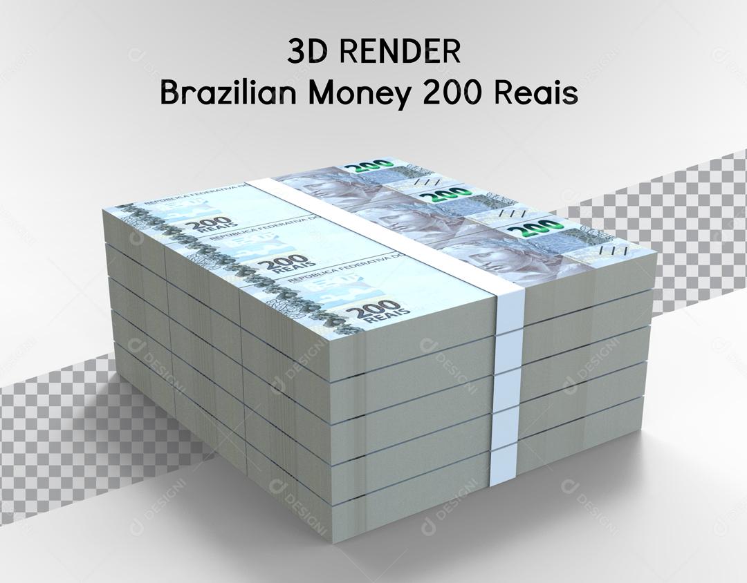 Uma Pilha com Maços de notas de 200 Reais Elemento 3D Para Composição PSD