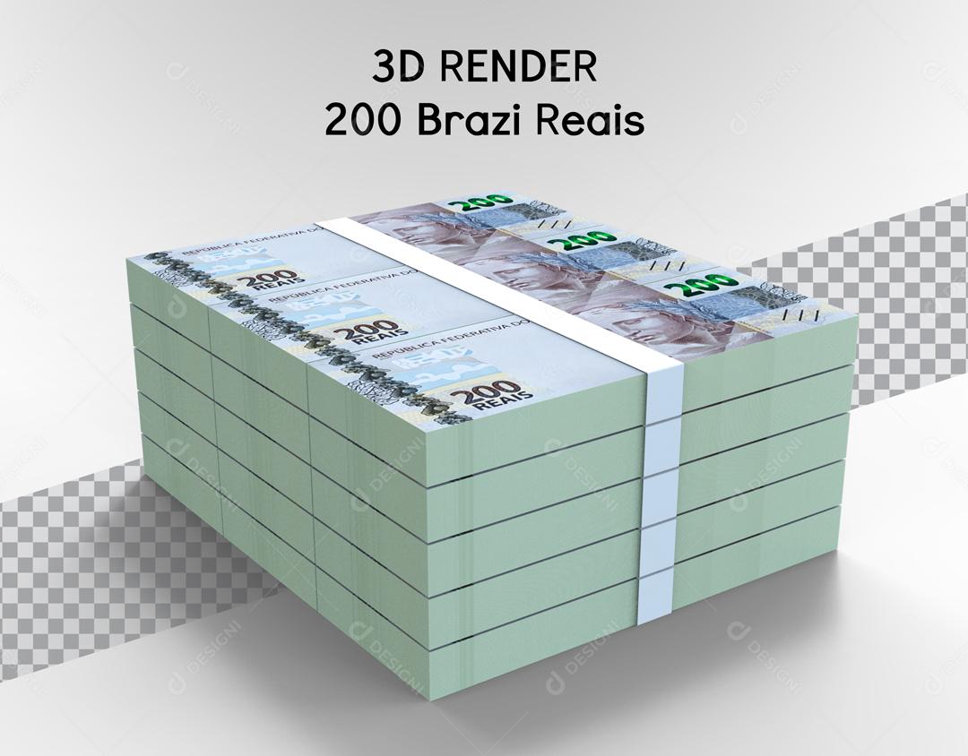 Uma Pilha com Maços de notas de 200 Reais Elemento 3D Para Composição PSD