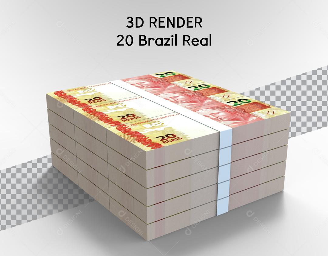 Uma Pilha com Maços de notas de 20 Reais Elemento 3D Para Composição PSD