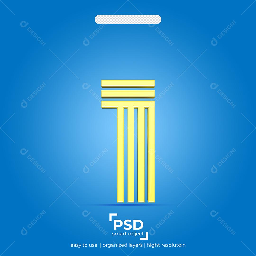 Número 3D 1 Dourado Efeito Quatro Linha Para composição PSD