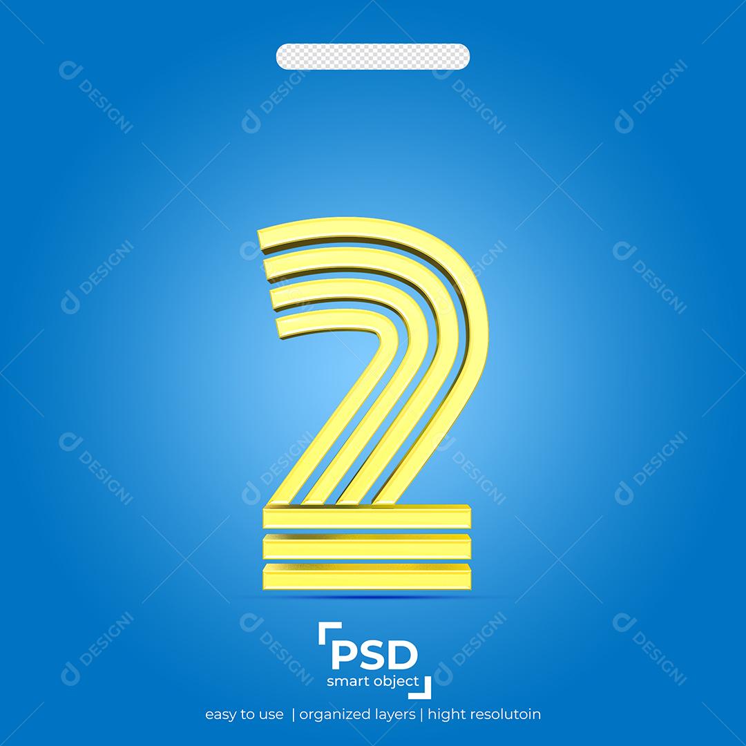 Número 3D 2 Dourado Efeito Quatro Linha Para composição PSD