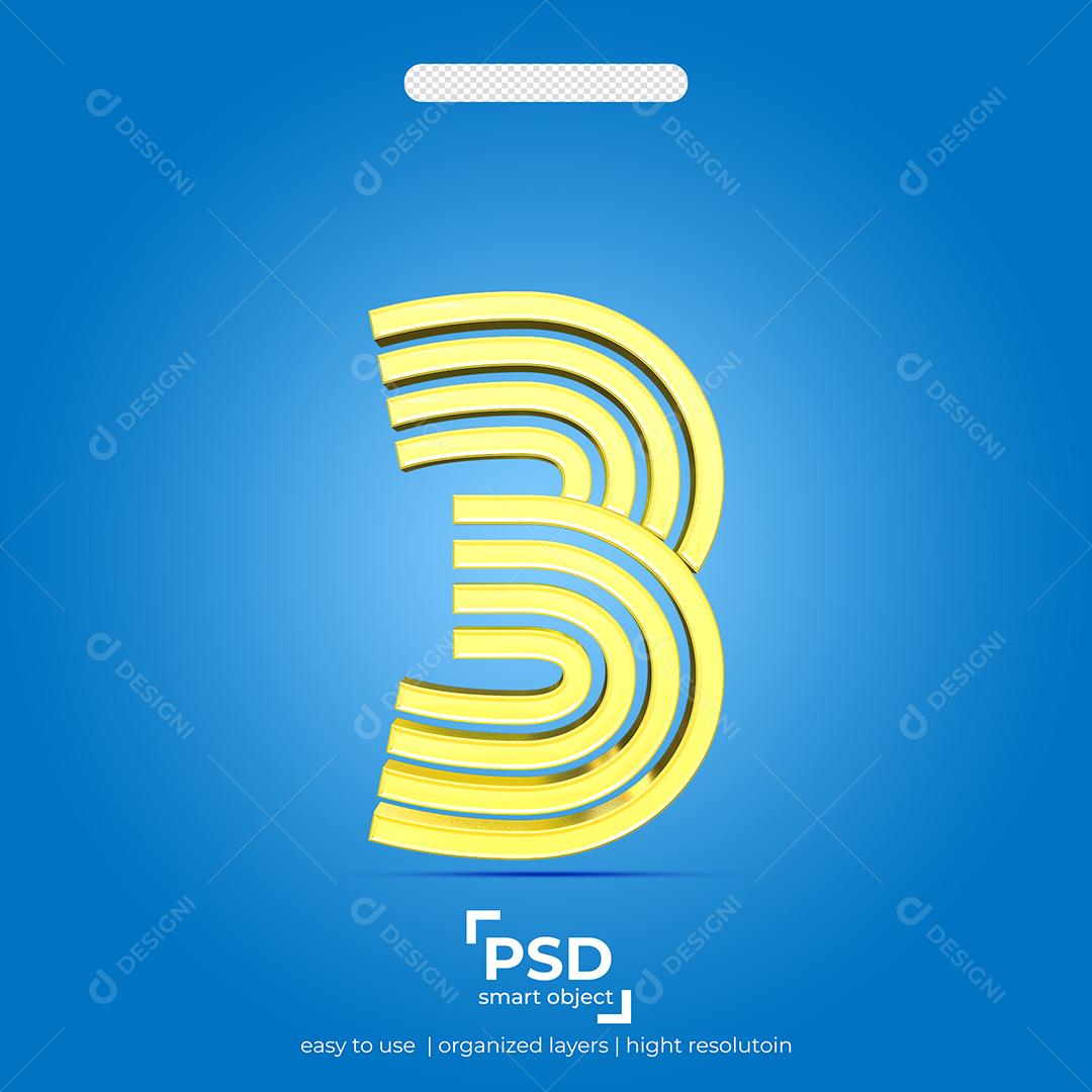 Número 3D 3 Dourado Efeito Quatro Linha Para composição PSD