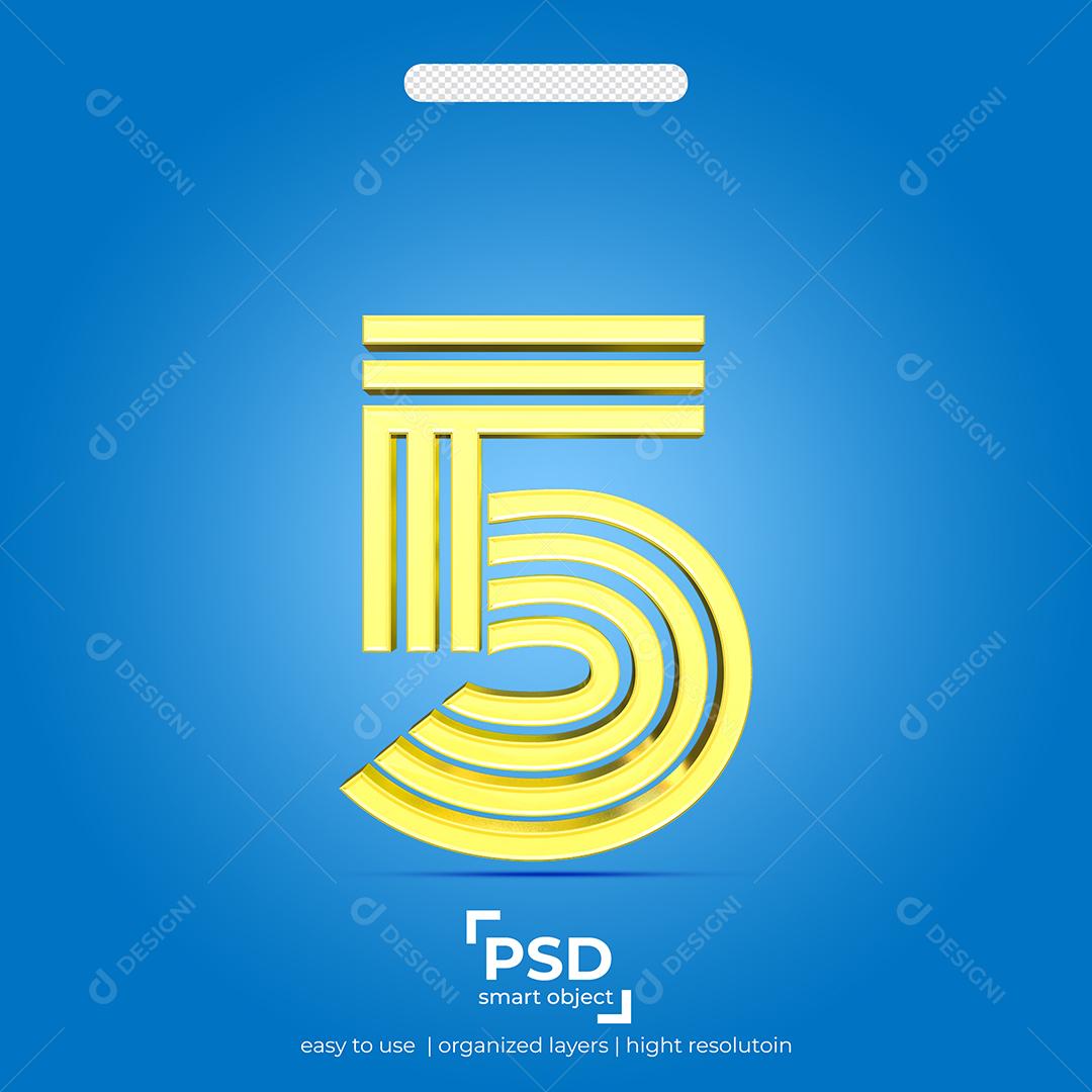 Número 3D 5 Dourado Efeito Quatro Linha Para composição PSD