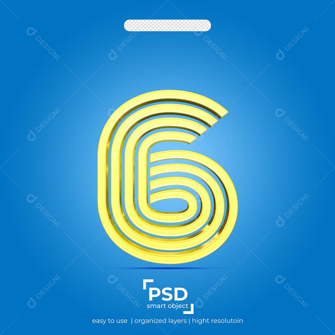 Número 3D 6 Dourado Efeito Quatro Linha Para composição PSD