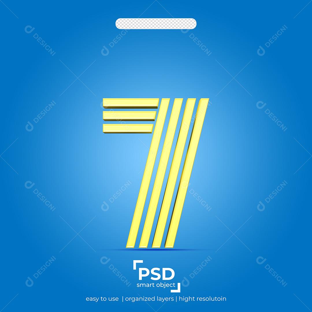 Número 3D 7 Dourado Efeito Quatro Linha Para composição PSD