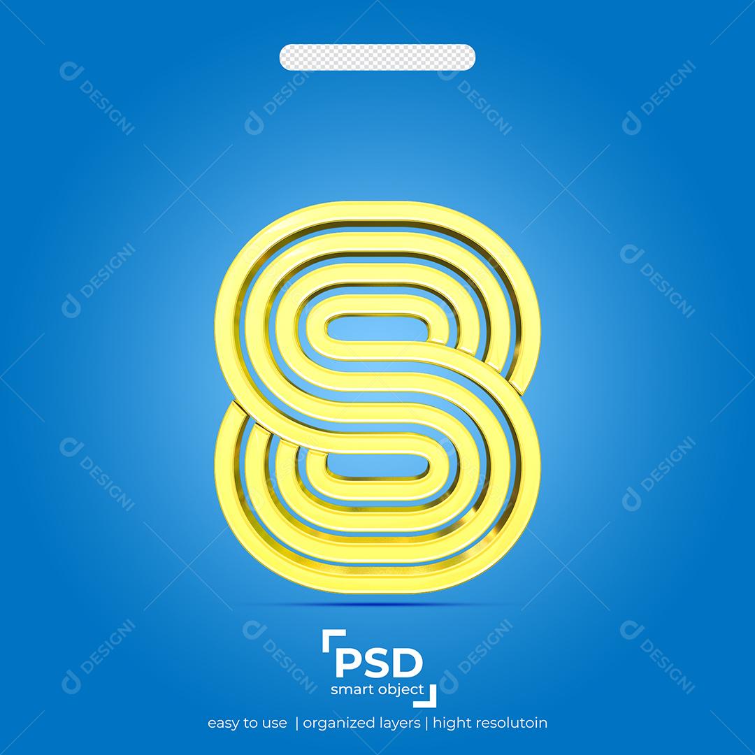 Número 3D 8 Dourado Efeito Quatro Linha Para composição PSD