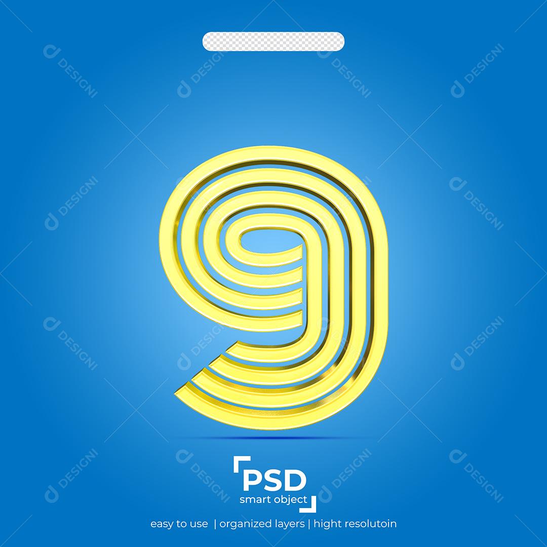 Número 3D 9 Dourado Efeito Quatro Linha Para composição PSD