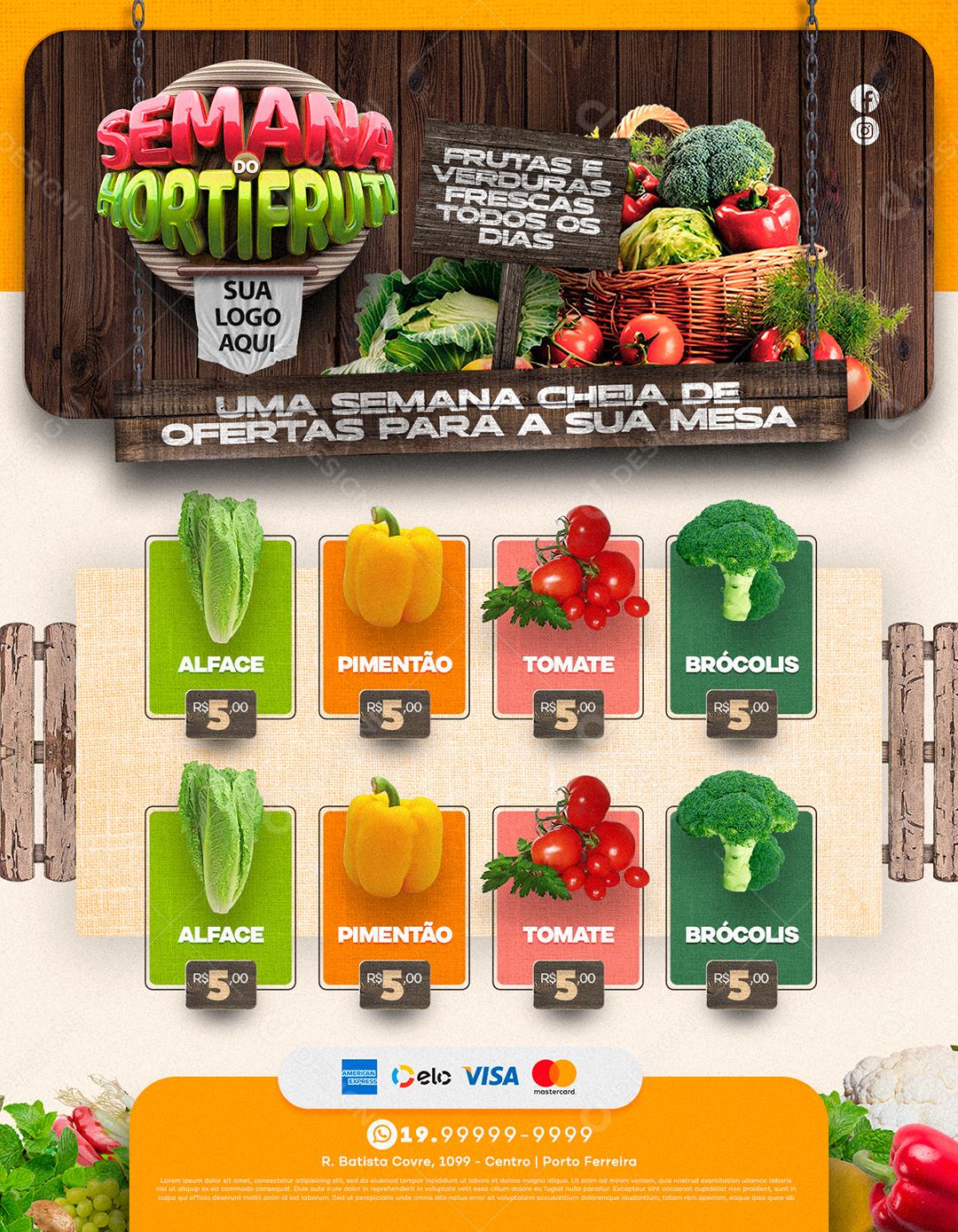 Social Media Encarte Ofertas Semana do Hortifruti Produtos Supermercados PSD Editável