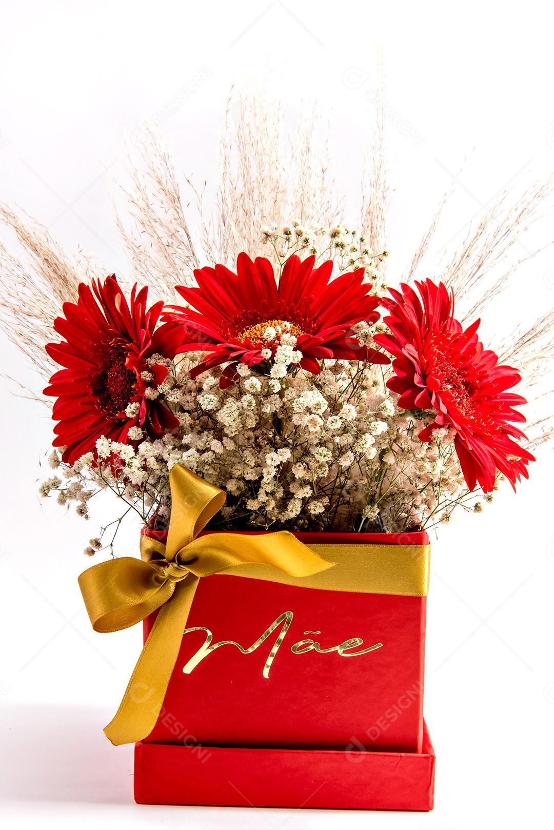 Feliz presente de dia das mães. Caixa escrita mãe em português