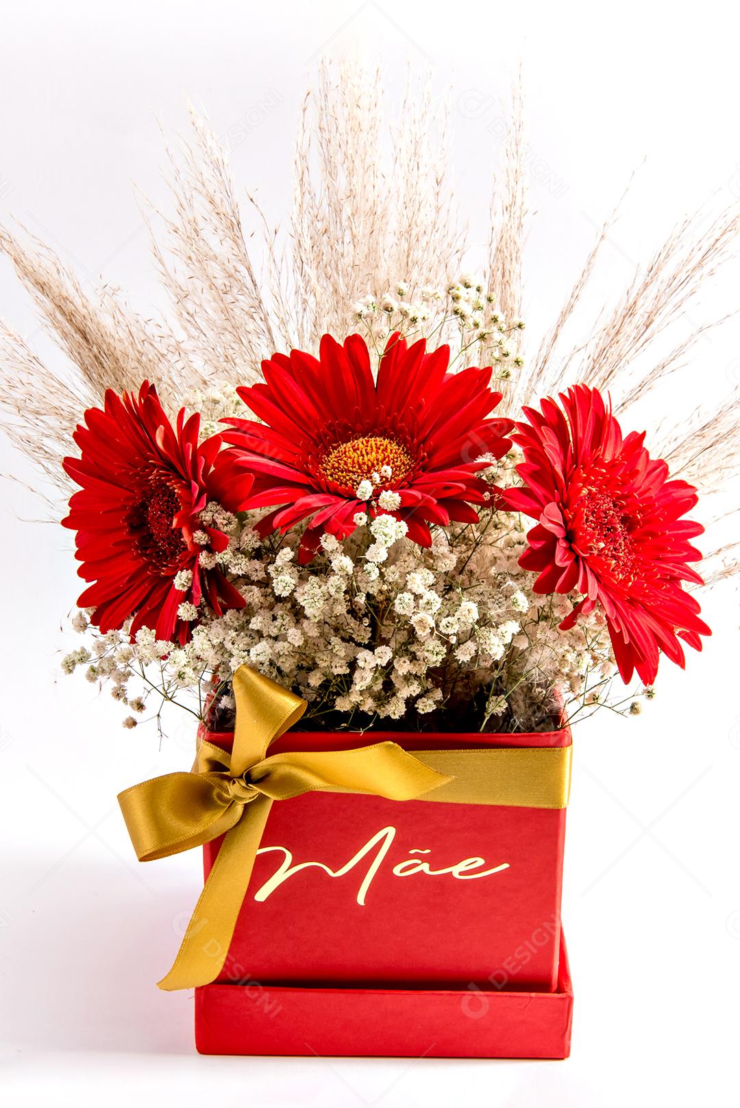 Feliz presente de dia das mães. Caixa escrita mãe em português