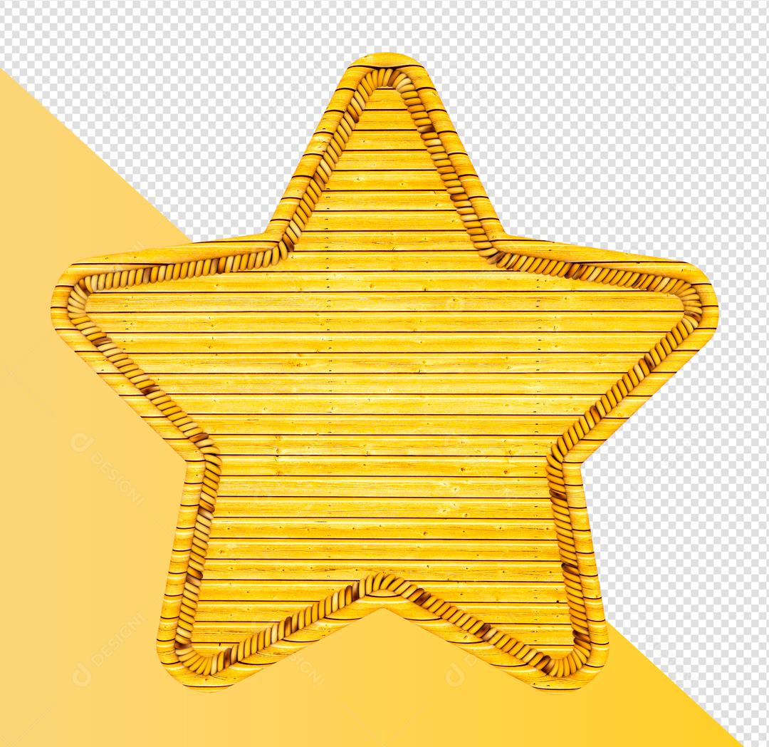 Elemento 3D Estrela Dourada de Madeira Para Composição PSD