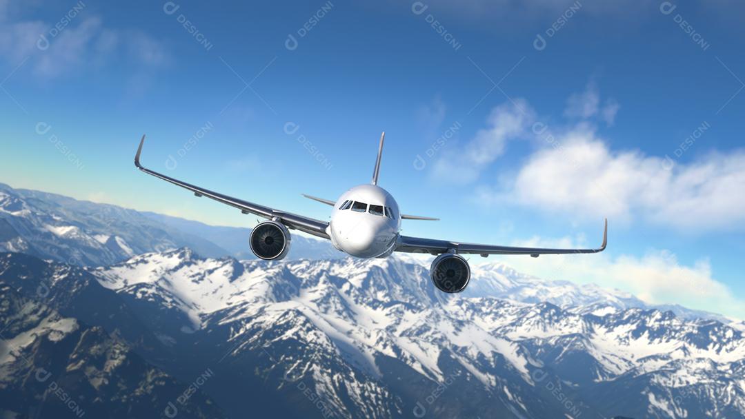 Avião comercial voando sobre as montanhas nevadas