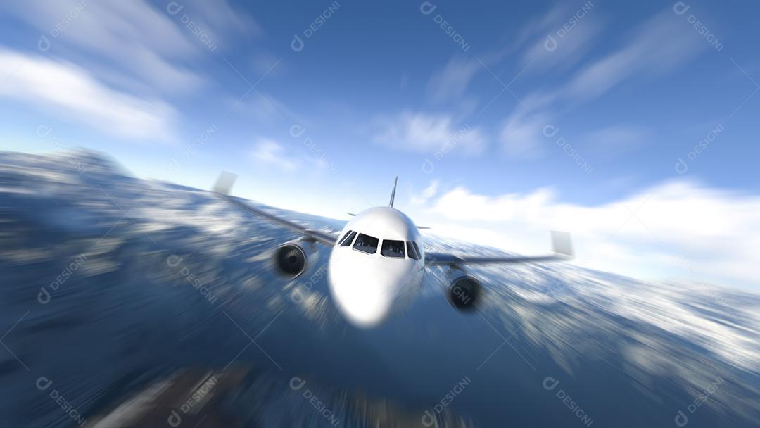 Avião comercial voando sobre as montanhas nevadas