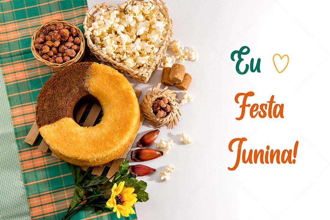 Mesa de festa de junina Típica festa brasileira de junho Bolo amendoim pipoca e pinhões
