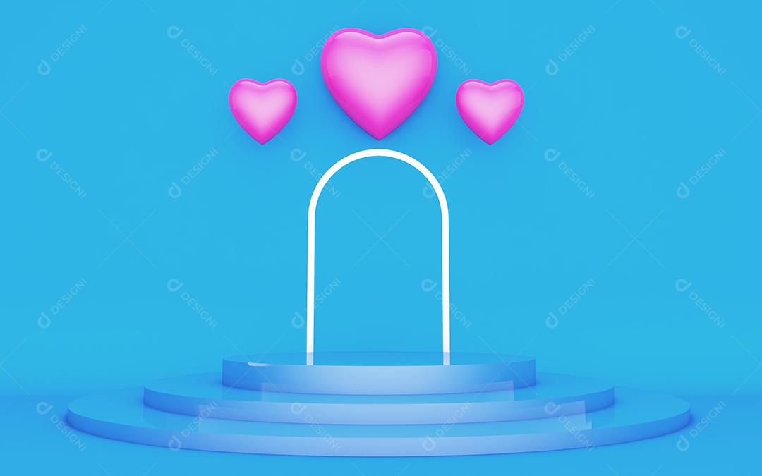 Cenário Azul com Podium Branco de Luz e Dois Corações Rosa PSD