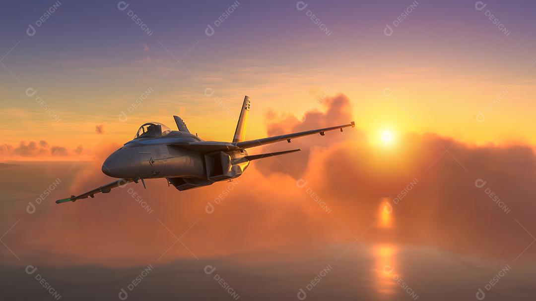 Aviões militares sobre o pôr do sol incrível.