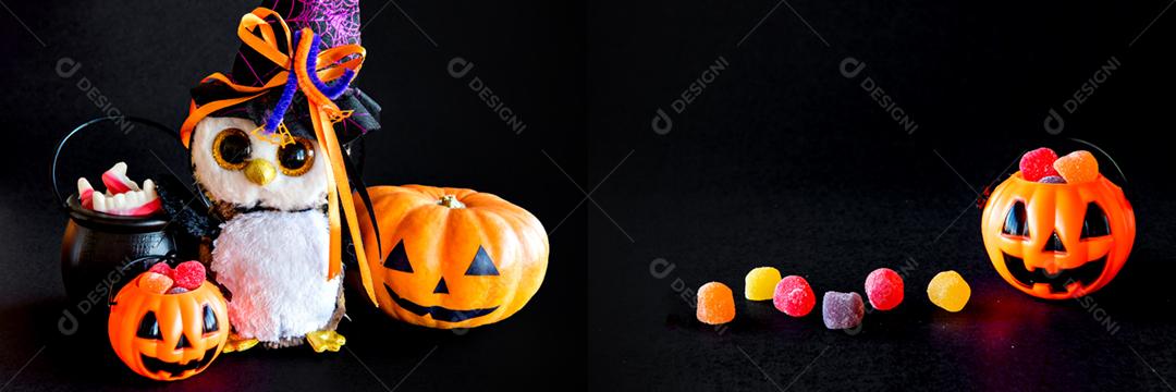 Decoração de feliz dia das bruxas em fundo preto. Abóbora, doces
