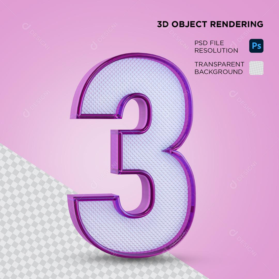 Número 3D 3 com Textura Roxo Para composição PSD