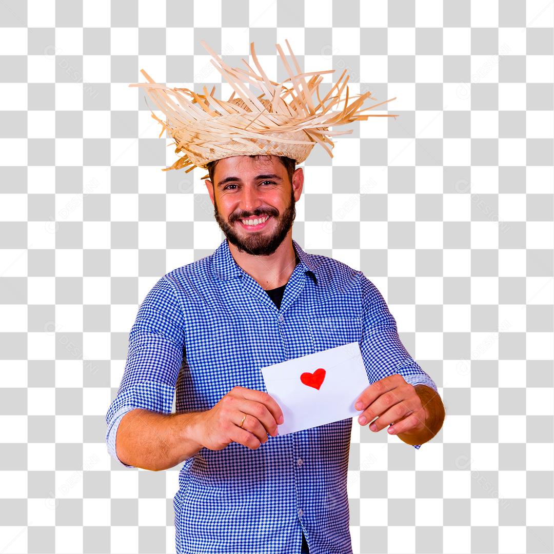 Homem feliz segurando carta de amor festa junina