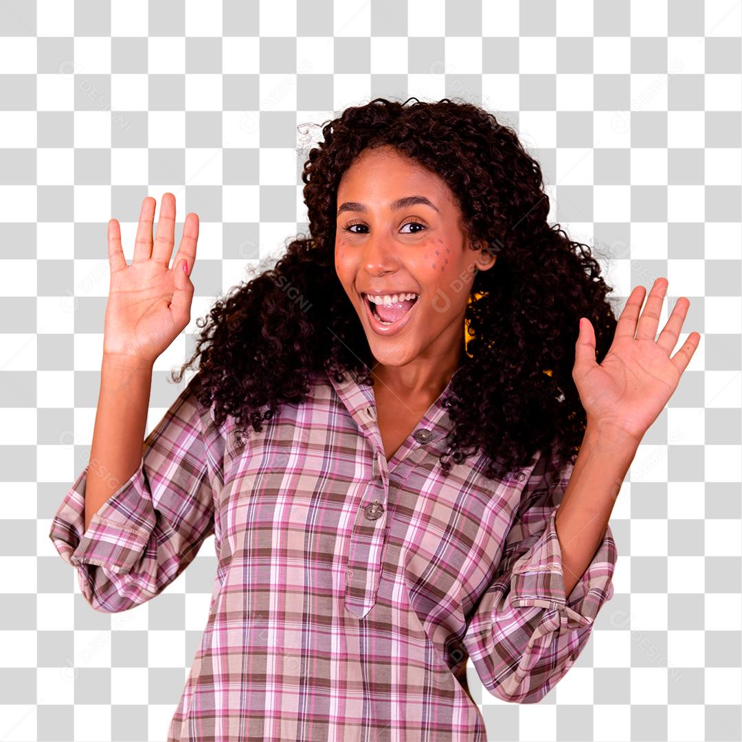 Mulher jovem vestida com roupa de festa de junina gritando