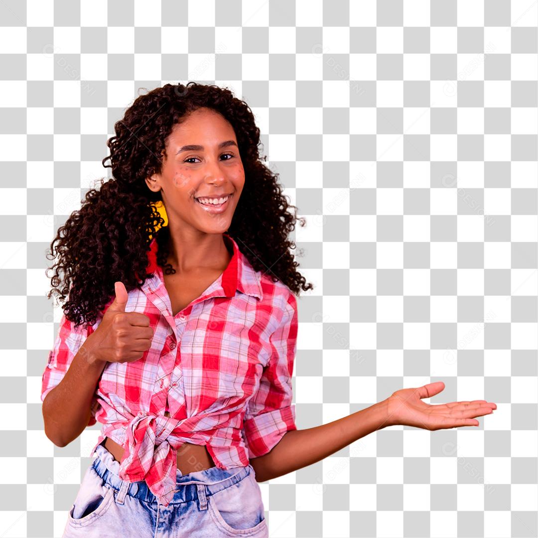 Mulher jovem vestida para festas junina com mão estendida para o lado