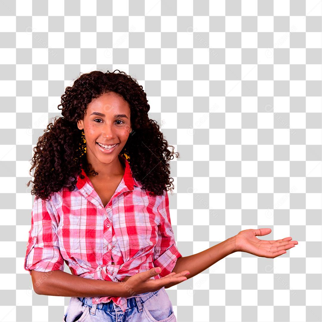 Mulher jovem vestida para festa junina com as mão estendida para o lado São João