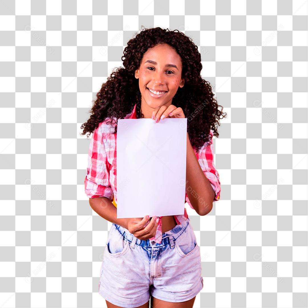 Mulher morena segurando folha em branco vestida para festa junina