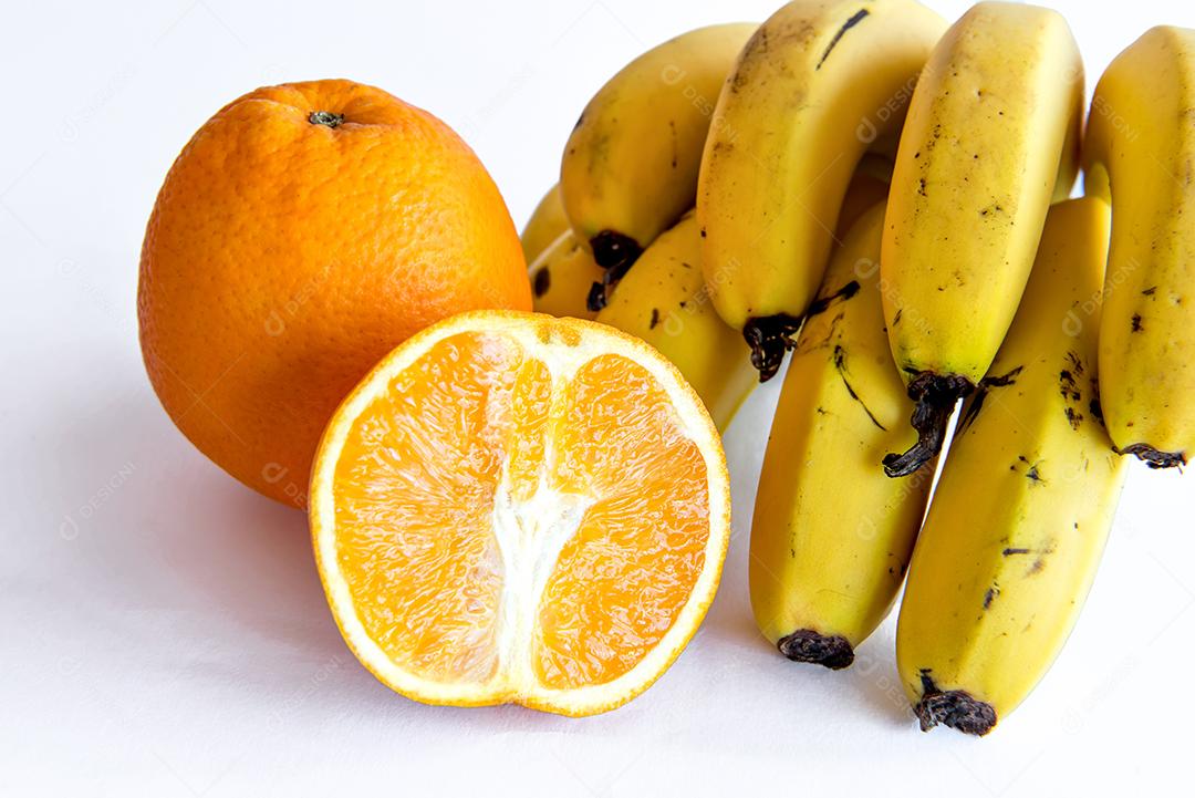 Banana and orange isolated on white background.