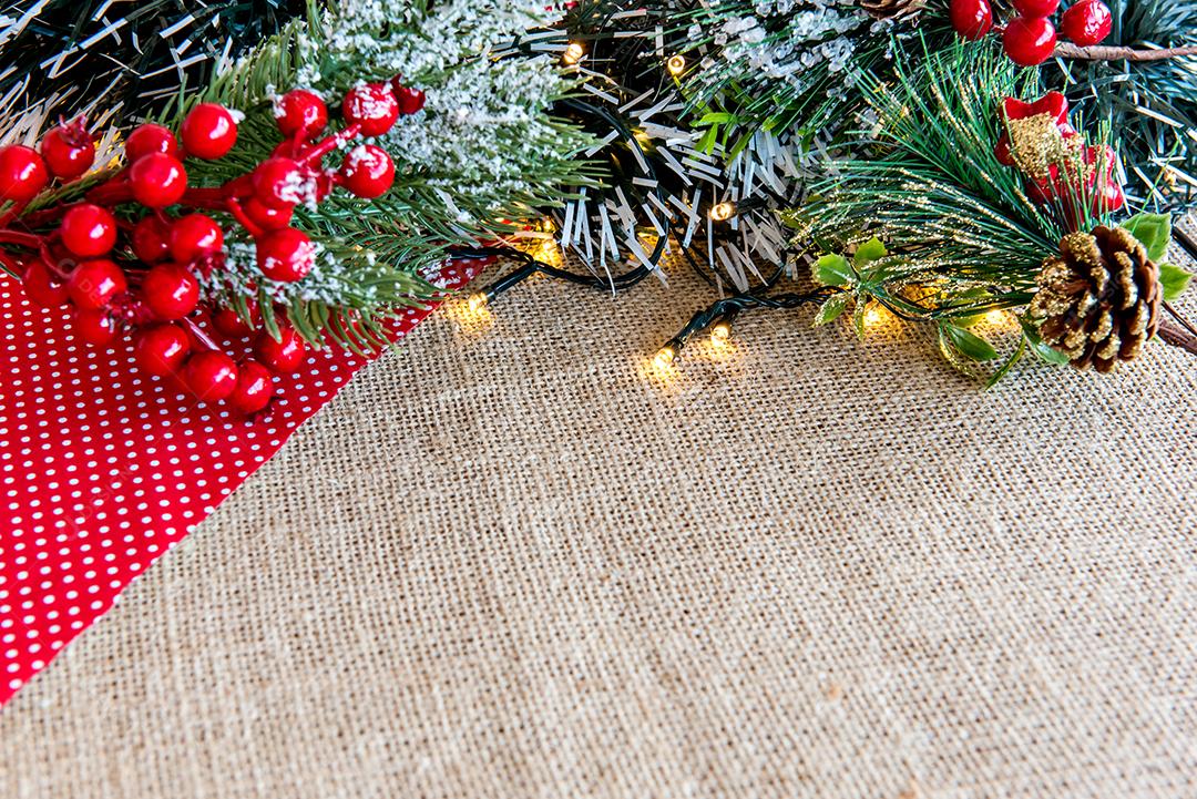 Christmas table with lights and Christmas ornaments