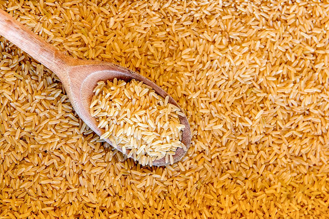 Colher de pau com arroz integral em fundo de arroz integral