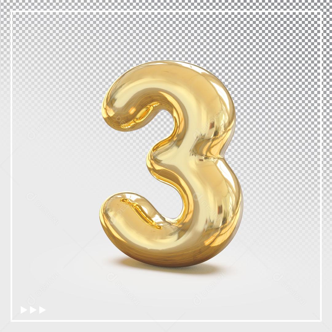 Número 3 3D Dourado Para Composição PSD