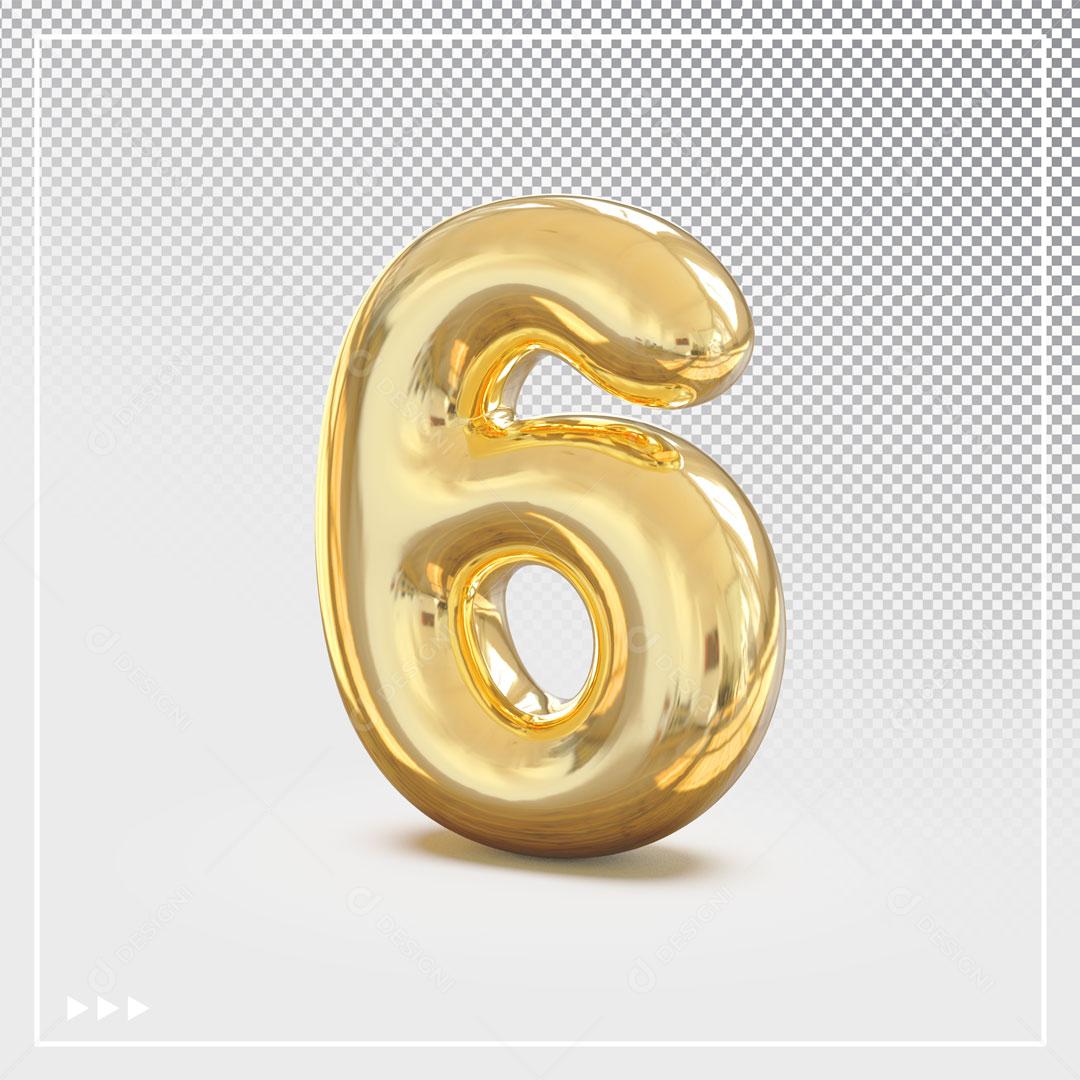 Número 6 3D Dourado Para Composição PSD