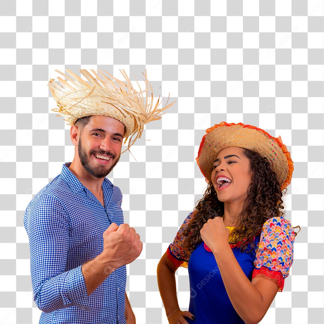 Casal feliz vestindo roupas tradicionais para Festa Junina São João