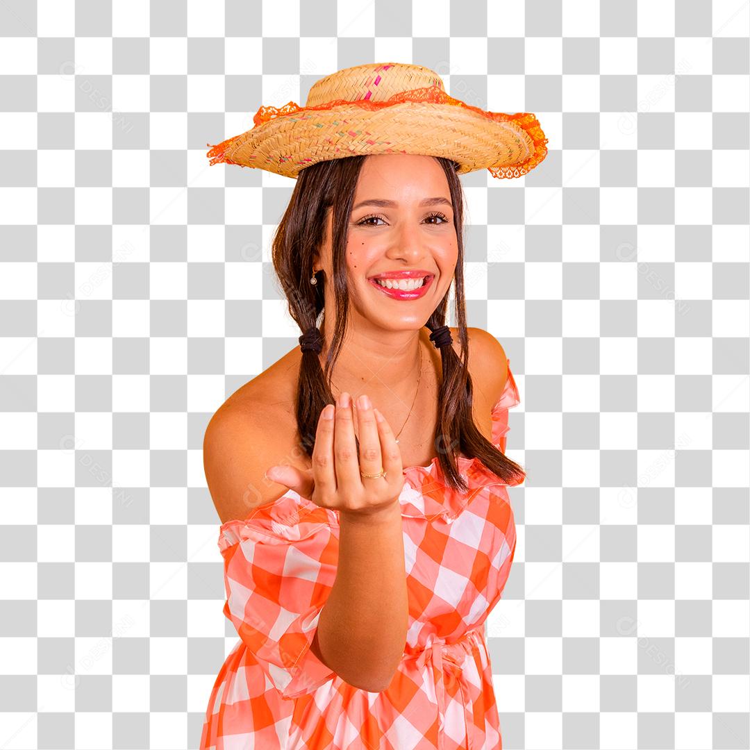 Linda mulher alegre chamando para festas juninas São João