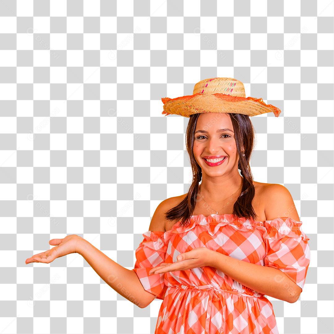 Mulher morena apontando para o lado vestindo roupas para festa junina