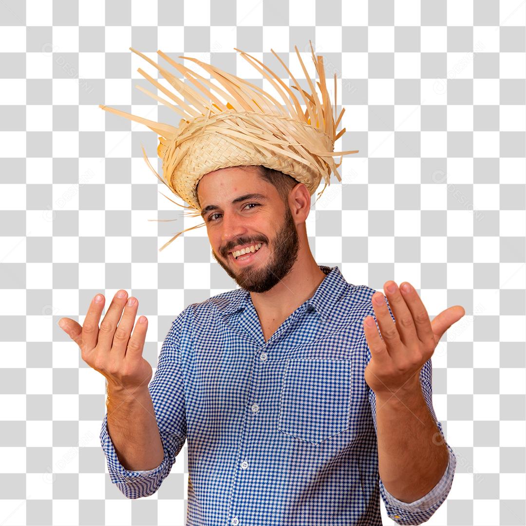 Homem jovem apontando para o lado festas junina São João