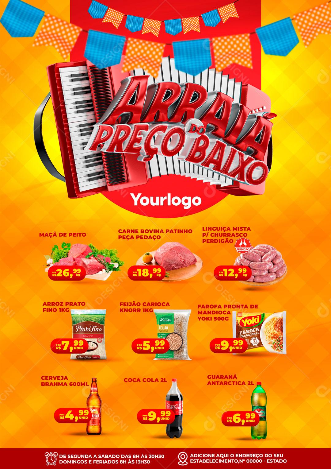 Encarte Arraiá Preço Baixo Carnes Açougues Social Media PSD