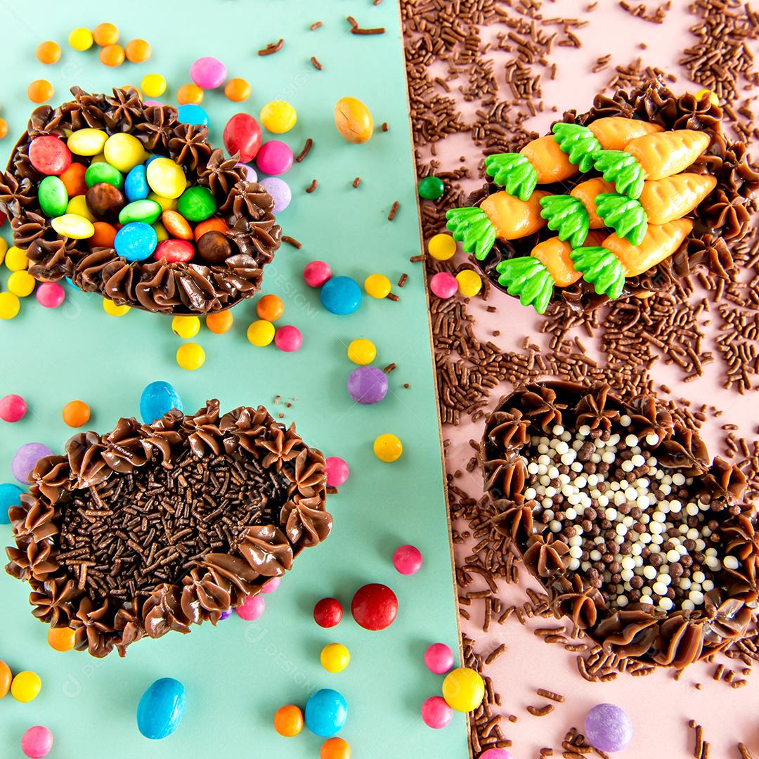 Ovos de colher recheados de chocolate, ovos de páscoa decorados brasileiros.