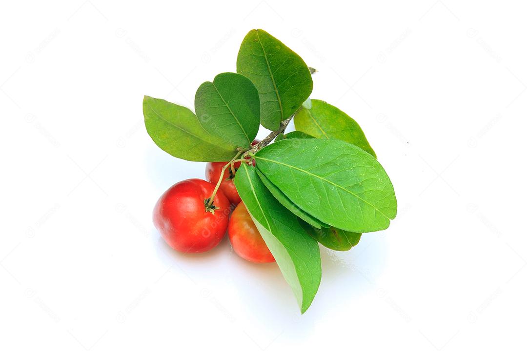 grupo de acerola orgânica fresca com folhas verdes, isoladas no fundo branco com traçado de recorte. Frutas antioxidantes