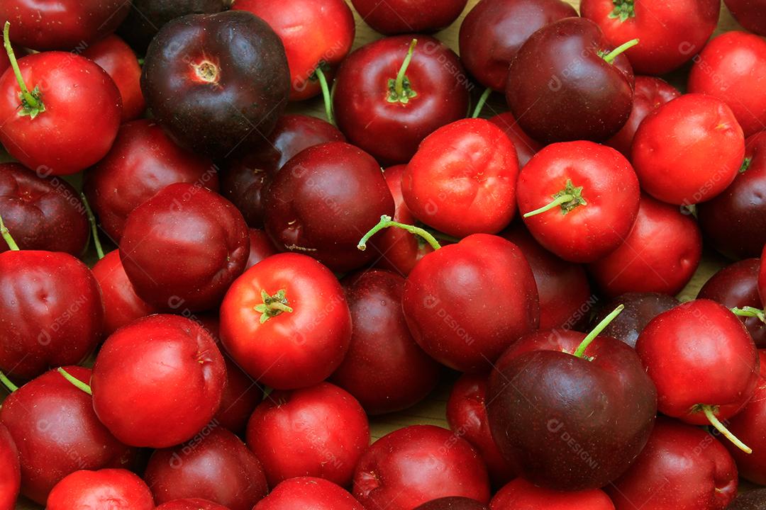 grupo Acerola orgânico fresco. frutas suculentas e selecionadas. Frutas antioxidantes