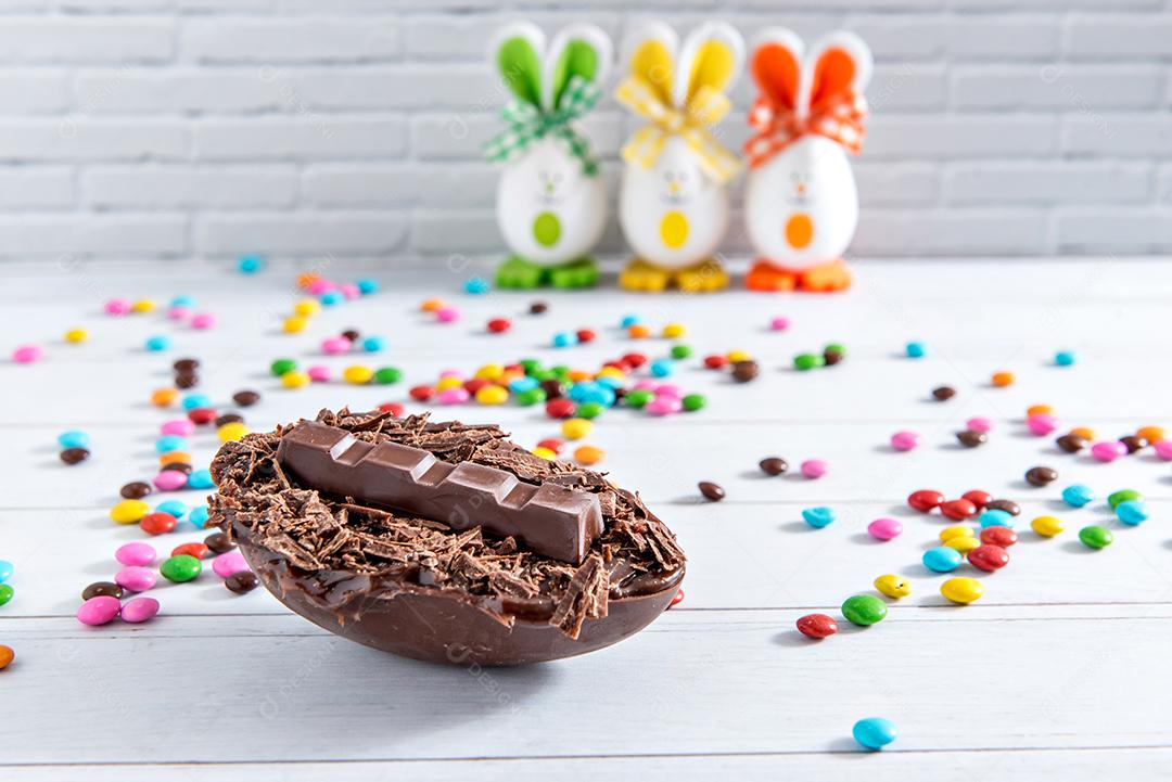 Easter concept, easter eggs filled with chocolate on easter background selective focus
