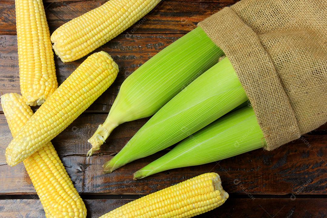 Espiga de milho, fresca, colhida da plantação na mesa de madeira rústica. espaço para texto. Vista do topo