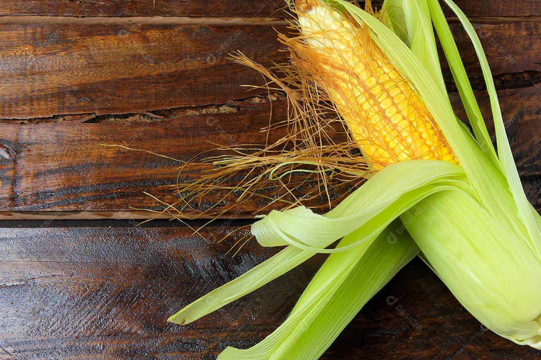 espiga de milho cru, com palha, colhida da plantação, na mesa de madeira rústica. espaço para texto